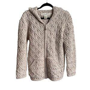 ARAN MOR Ireland Merino Wool Hooded Zip Front Honeycomb Cardigan Sweater Tan L
